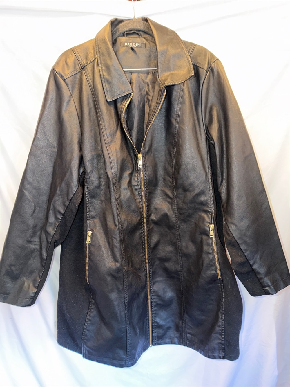 Baccini, Black,Faux Leather, Long, Zip Jacket, SZ 2X, PTP 25”plus, L32” (T3-387)